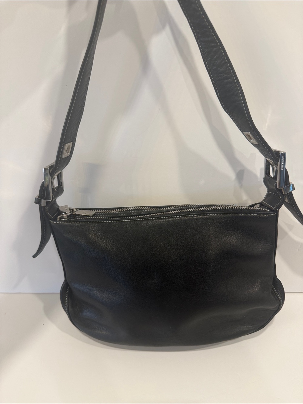Perlina Black Leather Shoulder Bag with Silver Hardware